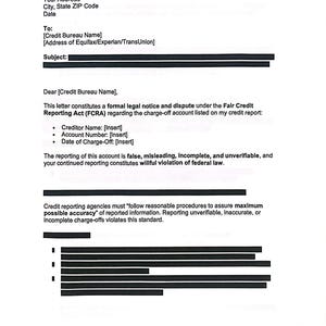 Puede incluir: Documento escaneado, aviso legal formal y disputa en virtud de la Ley de Informe Justo de Crédito (FCRA). El documento incluye secciones para el nombre, la dirección y un asunto. Se dirige a una agencia de crédito con respecto a una cancelación.