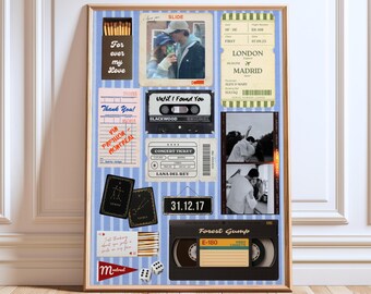 May include: A framed collage with various vintage-style items. Includes a photo, concert ticket, cassette tape, flight ticket, playing cards, matches, dice, and a VHS tape. The items are arranged on a blue and white striped background.
