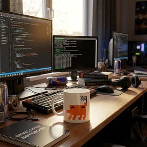 Op de afbeelding: Een computerbureau met meerdere monitoren waarop code wordt weergegeven. Een witte mok met een oranje pixelkatontwerp staat op het bureau, samen met een toetsenbord, muis en een notitieboek met de tekst "DEVELOPER NOTEBOOK". Energiedrankblikjes en een koptelefoon zijn ook zichtbaar.
