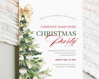 May include: A white Christmas party invitation with a watercolour Christmas tree design. The invitation includes the text "Join us to celebrate the season" and "Christmas Party". The date and time are also included.