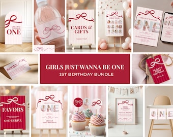 Red Coquette Girls Just Wanna Be One 1st Birthday Party Bundle (Canva, Digital Download)