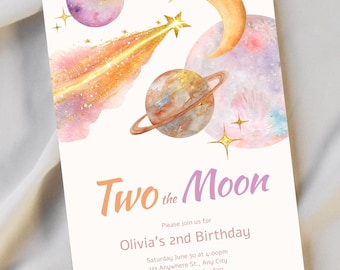 Two The Moon Invitation Editable Canva Template Girl Birthday Party Invite Space Theme Second Birthday
