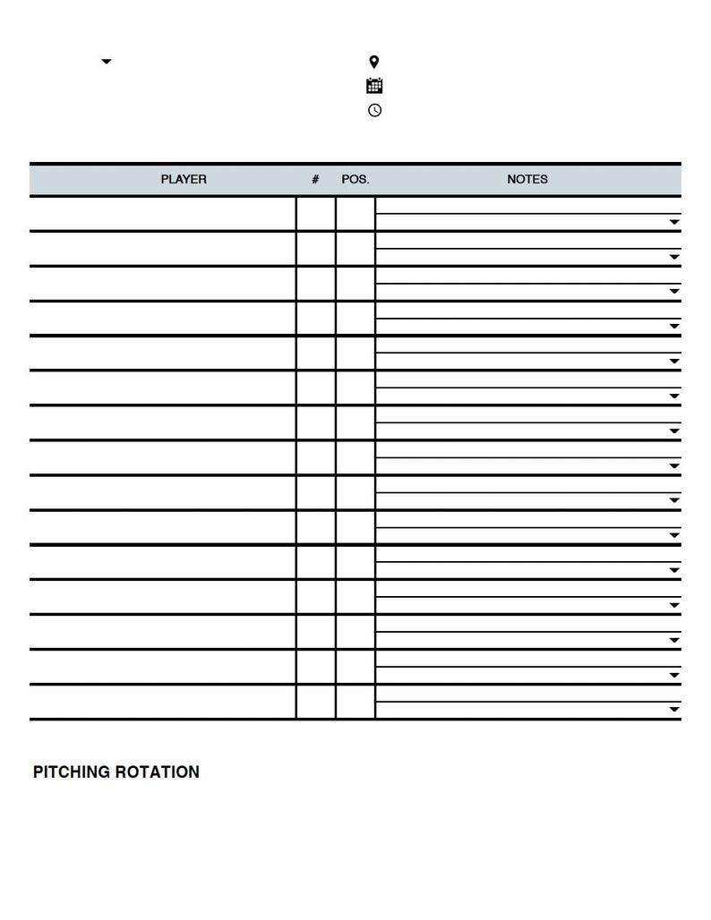 Fillable Baseball Lineup Card (PDF) — 15 Players, Pitching Rotation ...