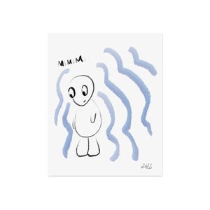 Könnte beinhalten: Ein skurriler Kunstdruck mit einer minimalistischen Illustration einer lächelnden Figur mit großen Augen. Die Figur ist schwarz umrandet, mit blauen Wellenlinien und dem Wort "MIM" darüber. Das Kunstwerk befindet sich auf weißem Hintergrund.