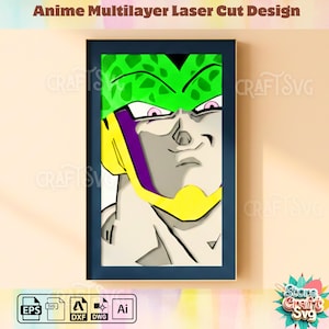 Puede incluir: Diseño de corte láser multicapa de anime con un personaje en tonos verdes, amarillos, morados y blancos. La obra de arte está enmarcada en un marco azul oscuro. Incluye el texto "Anime Multilayer Laser Cut Design".