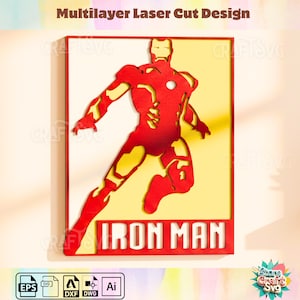 May include: A multilayer laser cut design featuring Iron Man in a dynamic pose. The artwork is primarily red with yellow and white accents, set against a light yellow background. The text "IRON MAN" is displayed at the bottom. The design is labeled "Multilayer Laser Cut Design".