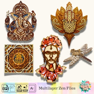 Multilayer Zen Laser Cut Bundle | Ganesha, Hamsa, Frida, Mandala (svg, dxf, eps, pdf, ai)