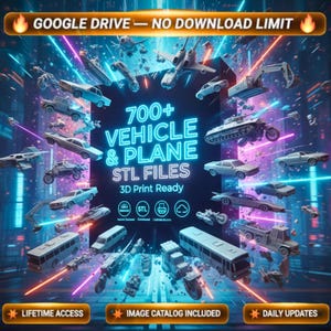 Peut inclure: Visuel numérique présentant des véhicules et avions en rendu 3D, incluant voitures, motos et avions. Le texte central indique "700+ VEHICLE & PLANE STL FILES 3D Print Ready". On retrouve également "GOOGLE DRIVE - NO DOWNLOAD LIMIT", "LIFETIME ACCESS", "IMAGE CATALOG INCLUDED", et "DAILY UPDATES".