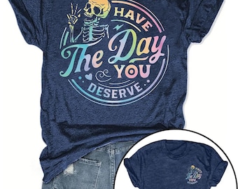 T-Shirt,   Graphic Skull  Inspirational Positivity Tee, Short Sleeve Round Neck Summer Top