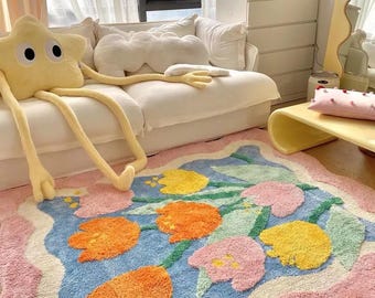 Tulip Art Floral Area Rug, Non-Slip Home Decor Rug for Bedroom, Home Decor Rugs