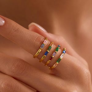 14K Gold Baguette Birthstone Ring, Personalized Stackable Band