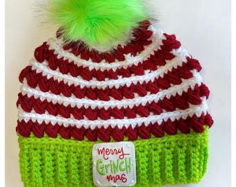 Ready To Ship Today - Toddler Size Crochet Grinch Beanie with Detachable Pom - Christmas Winter Hat