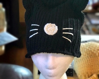 Crochet Cat Ear Beanie: Black Acrylic Hat with Whiskers