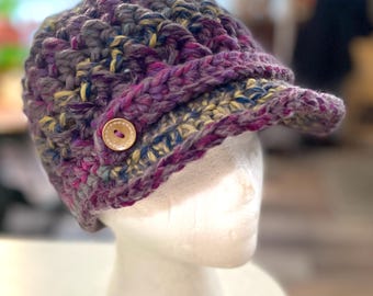 Chunky Crochet Newsboy Hat: Wool Cross Stitch Brimmed Cap