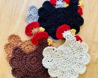 Chicken Coasters-Set Of 5 Crochet Coasters-Farmhouse Coasters-Hen Coasters