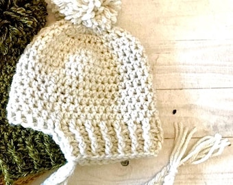 Ready To Ship Today - Newborn Size - Crochet Baby Bonnet with Pom-Pom Ties: Spring Beanie