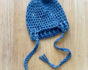 Ready To Ship - Newborn Size In Blueberry- Crochet Baby Bonnet Beanie with Pom-Pom