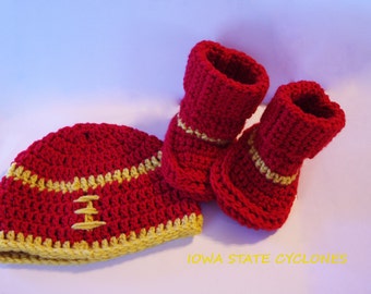 Crochet Iowa State Cyclones Football Beanie And Bootie Set - Baby And Toddler Beanie Set - Cardinal And Gold - Red And GoldCrochet Beanie