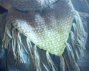 Crochet Bandana Cowl with Fringe: Ombré Neck Warmer