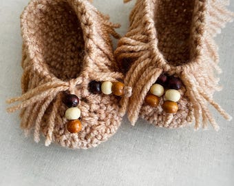 Crochet Baby Moccasins: Fringe Booties with Beads, Soft Acrylic
