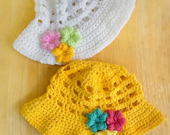 Gorro de sol de ganchillo para bebé: gorro de primavera/verano con flores.