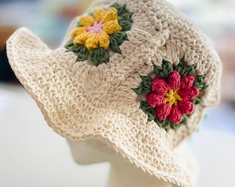 Crochet Granny Square Bucket Hat: 100% Cotton Sun Hat