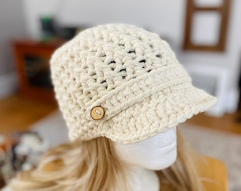 Chunky Crochet Newsboy Hat: Wool Cross Stitch Brimmed Cap