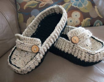 Crochet Men's Loafer Slippers - Men's Slippers - Crochet Loafers- Handmade Crochet- Non-slip Sole