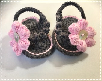 Crochet Sandals - Crocheted Baby Flip Flops - 100% Soft Cotton - Spring Summer Handmade - Gray With Pink Flower- Handmade Crochet