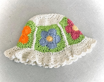 Crochet Granny Square Bucket Hat: 100% Cotton Sun Hat