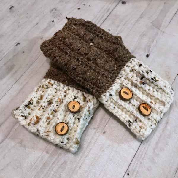 Crochet Fingerless Gloves: Malia Wristers with Wood Buttons