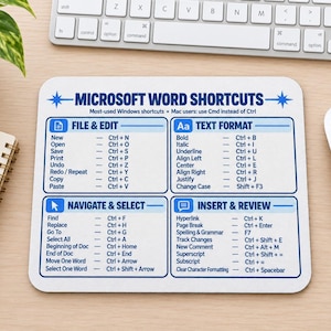 May include: A white rectangular mouse pad featuring a blue printed guide titled Microsoft Word Shortcuts. The text is organized into four sections: File & Edit, Text Format, Navigate & Select, and Insert & Review, listing various keyboard commands.