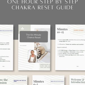 May include: A guide titled "A Simple One Hour Step by Step Chakra Reset Guide." The cover features the text "The 60-Minute Chakra Reset" with an image of a woman. The guide includes instructions and affirmations for chakra balancing.