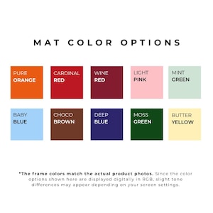 Multiple mat color options for a personalized photobooth strip picture frame, allowing customers to choose a custom color combination that complements their photographs and home decor. Handmade modern picture frame with customizable mat colors and photo opening options, perfect for wedding photo booth strips, personalized gifts, anniversary gifts, Christmas presents, birthdays, gallery wall decor, and modern wall art.