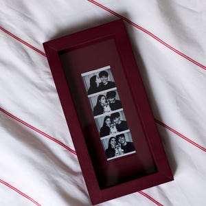May include: A deep burgundy rectangular picture frame containing a vertical black and white photo strip. The photo strip features four sequential frames showing two individuals and a small dog in various poses, including kissing and smiling together.