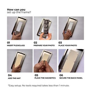 May include: A step-by-step guide on how to set up a picture frame. The image shows the process, including inserting plexiglass, preparing the photo, adding the mat, and securing the back panel. Text reads, "Easy setup. No tools required takes less than 1 minute."
