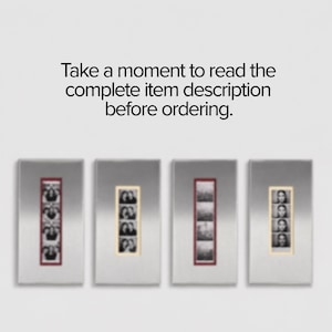 May include: Four rectangular metal frames with small black and white photos inside. The frames have a silver finish with a colored border in red or gold. Text at the top reads: Take a moment to read the complete item description before ordering.