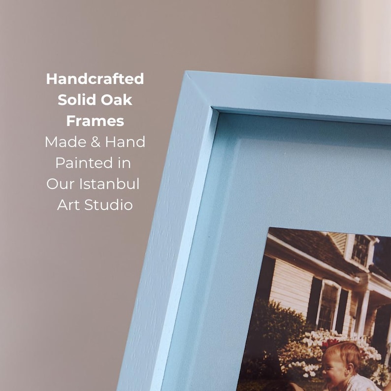 Handcrafted solid oak photobooth strip frame in a soft light blue color, made and painted in an Istanbul-based art studio. Personalized picture frame designed to display wedding photo booth strips, family memories, engagement photographs, and special moments. Unique custom photo gift and modern wall decor piece for gallery walls, living rooms, bedrooms, and offices. Ideal wedding gift, anniversary gift, birthday gift, Christmas present, or thoughtful personalized keepsake.