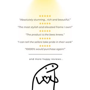 Customer review graphic highlighting the quality, beautiful design, and handmade craftsmanship of a personalized photobooth picture frame. Custom photo booth strip frame created to transform meaningful wedding and special event photographs into stylish modern wall decor. A unique personalized gift and photo keepsake for couples, newlyweds, friends, parents, and family members. Ideal for wedding gifts, anniversary gifts, Christmas presents, birthdays, Valentine's Day, and gallery wall displays.
