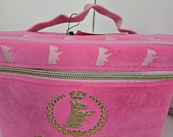 Juicy Couture Pink Velvet Rhinestone Travel Makeup Bag Cosmetic Organizer with Heart Print