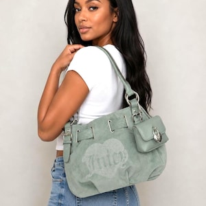 Juicy Couture Sage Green Faux Suede Rhinestone Hobo Shoulder Bag with Silver Hardware