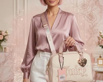 Crossbody Monogram Juicy Couture Velour Satchel, Beige Dome Style with Gold Crown Charm