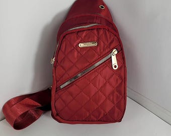 Adjustable Messenger Bag, Red Quilted Crossbody with Multiple Zipper Pockets