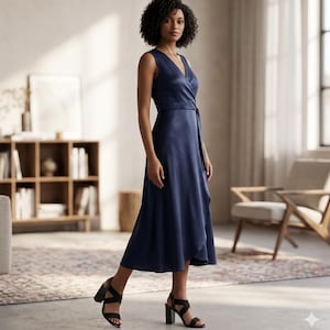 May include: A sleeveless, navy blue wrap dress with a V-neck and midi length. The dress is paired with black heeled sandals. The model is standing in a well-lit room with a neutral color palette, a bookshelf, and a patterned rug.