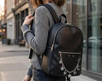 Charm Accessory Black Vegan Leather Backpack Purse, Steve Madden Star Moon