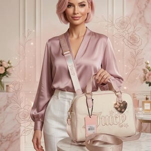 May include: Cream-colored handbag with the word "Juicy" embroidered in cursive. The bag has a matching shoulder strap and a heart-shaped charm. The bag is accented with pink trim and hardware.