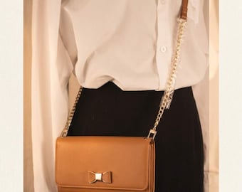 Brown Womens Crossbody Bag With Gold Chain Strap And Bow Accent, Structured Flap