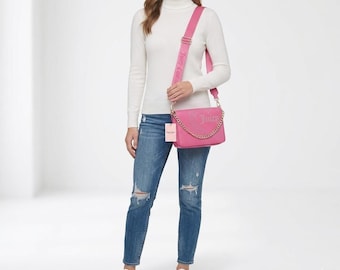 Inspired Designer Juicy Couture Pink Crossbody Bag, Faux Leather With Detachable Logo Strap