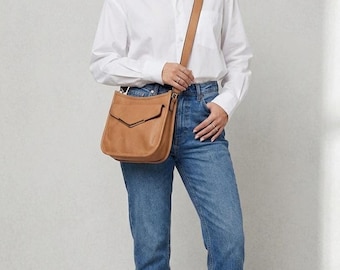 Vegan Crossbody Bag, Brown with Gold Hardware, Zip Closure and Wristlet