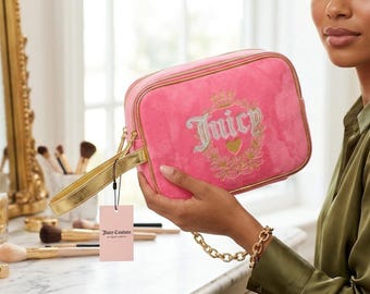 Luxury Beauty Clutch, Pink Juicy Couture Wristlet with Gold Accents, Brand New